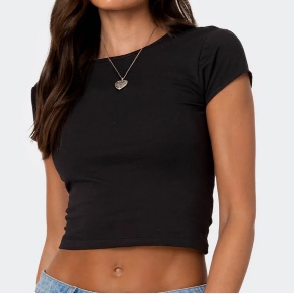 NWT Edikted Black Bambi Open-Back T-Shirt Top Crop Round Neck Cotton Casual M - Picture 2 of 9